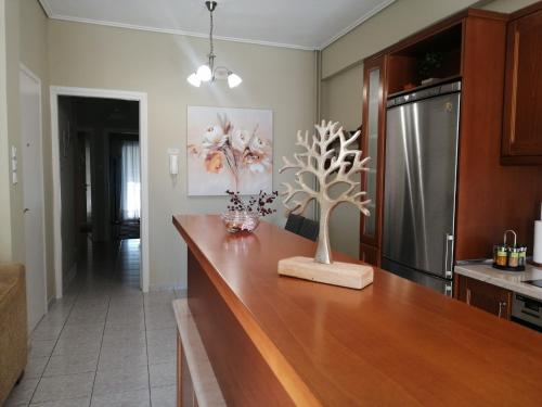 a kitchen with a wooden counter top in a kitchen at Central Home in Kalamata