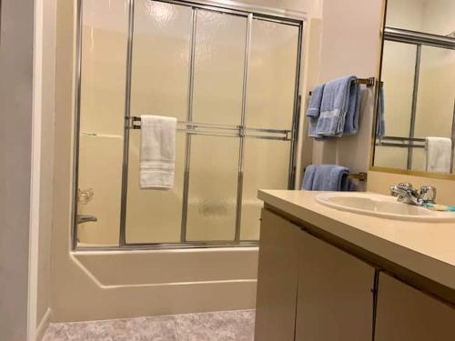 y baño con ducha y lavamanos. en Endless Mountain Resort en Union Dale