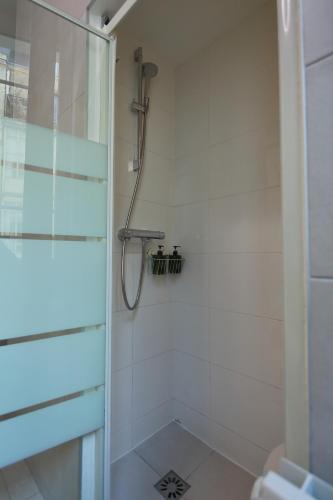 une salle de bain avec une douche avec une porte vitrée dans l'établissement Stay in the Heart of Paris, à Paris