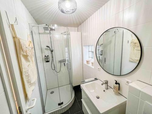 y baño con ducha, lavabo y espejo. en City Apartments Gerlingen en Gerlingen