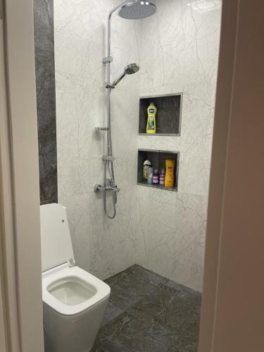 a bathroom with a white toilet and a shower at Blue Residence Baku in Baku