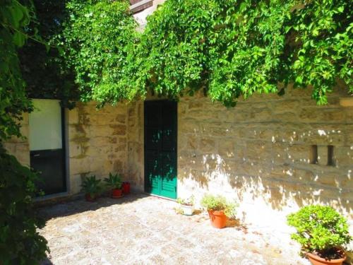 eine grüne Tür in einem Steingebäude mit Pflanzen in der Unterkunft Villa Luce in Modica