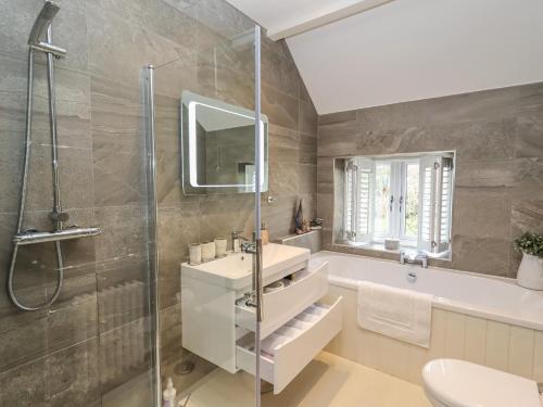 a bathroom with a sink and a toilet and a shower at Rose Cottage in Matlock