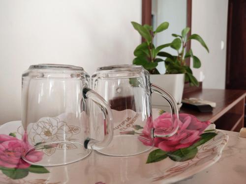 カバルジンカにあるGuest House Odisseyのピンクの花のテーブルに座ったガラス瓶