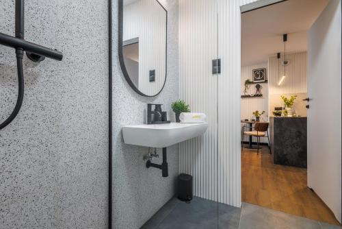 a bathroom with a sink and a mirror at Emihouse Riverside Apartments in Rzeszów