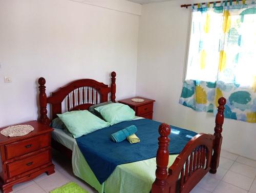 a bedroom with a bed with a blue comforter at Villa léïna, vacances en famille écotourisme in Le Robert