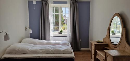 a bedroom with blue walls and a mirror and a bed at Hotel Udsigten Marstal, Lejligheder in Marstal