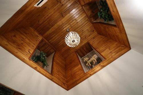 an overhead view of a wooden ceiling with pictures on it at Cloran Mansion Bed & Breakfast in Galena