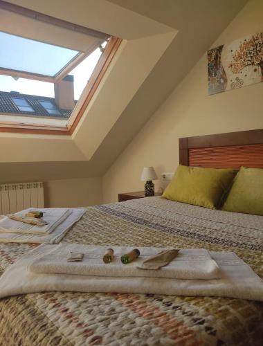 Schlafzimmer mit einem großen Bett und einem Dachfenster in der Unterkunft AGARIMO APARTAMENTO in Pontevedra