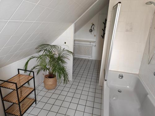 a bathroom with a potted plant and a bath tub at Gasthaus Zur Riete in Celle