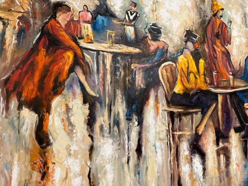 a painting of people sitting at a table at Cozy apartment New Cairo in New cairo