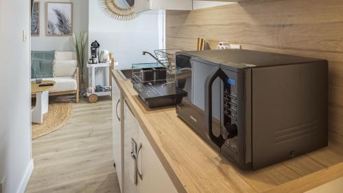 un micro-ondes posé sur un comptoir dans une cuisine dans l'établissement Le Nid Troyen - Proche Hypercentre - 2 pers, à Troyes