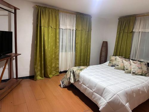 a bedroom with a bed with green curtains and a television at El Refugio del Colibrí in Santa Rosa de Cabal