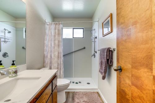 uma casa de banho com um lavatório, um WC e um chuveiro em Convenient Santa Rosa Home with Patio, 1 Mi to Town! em Santa Rosa