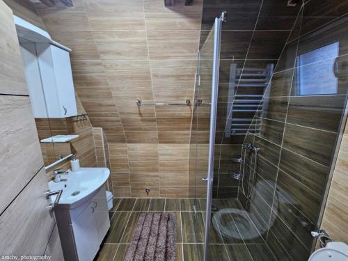 uma casa de banho com um chuveiro, um WC e um lavatório. em Zlatar Eyes em Nova Varos
