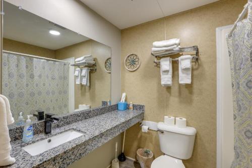 La salle de bains est pourvue de toilettes, d'un lavabo et d'un miroir. dans l'établissement Cozy Morriston Home Near World Equestrian Center!, à Morriston
