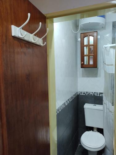 baño con aseo y pared de madera en Apartamento completo en Buenos Aires en Buenos Aires
