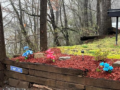 a flower bed in the woods with flowers at Twin Oaks in Bryson City
