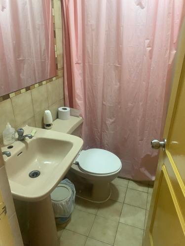 een badkamer met een wit toilet en een wastafel bij Baquedano in Antofagasta