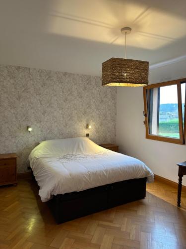 1 dormitorio con cama y lámpara de araña en Les clés de Jonzac-concergerie La renardière 8 personnes en Touvérac