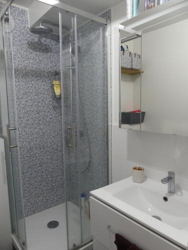 La salle de bains est pourvue d'une douche et d'un lavabo. dans l'établissement Lovely room in quiet appartment, à Ivry-sur-Seine