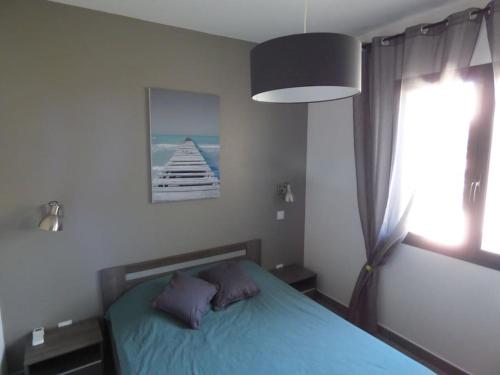 Olmeta-di-Tuda的住宿－Tout confort pour explorer la Haute Corse，一间卧室设有蓝色的床和窗户。
