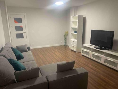 ein Wohnzimmer mit einem Sofa und einem Flachbild-TV in der Unterkunft Apartamento De lujo ! san juan pueblo, alicante in San Juan de Alicante