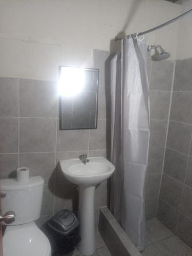 a bathroom with a sink and a toilet and a light at HOSPEDAJE BUENA VISTA IQUITOS in Iquitos