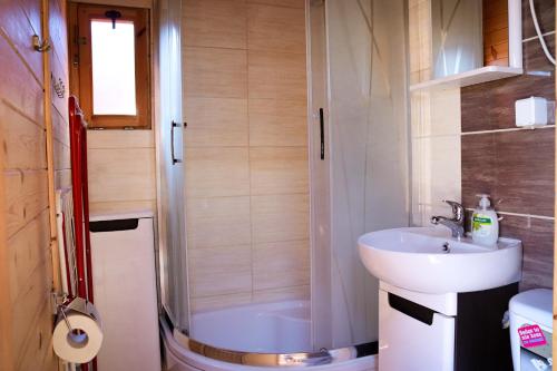 a small bathroom with a sink and a shower at Domki Wypoczynkowe Letnia Przygoda in Mielno