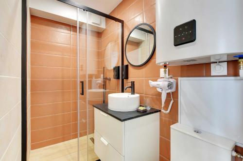 a small bathroom with a sink and a mirror at Small and modern apartment 11rd Paris in Paris
