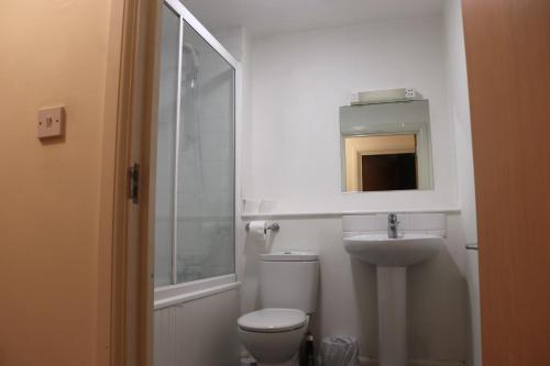 La salle de bains est pourvue de toilettes, d'un lavabo et d'un miroir. dans l'établissement Spacious 2BR flat in Central London near Elephant and Castle station, à Londres