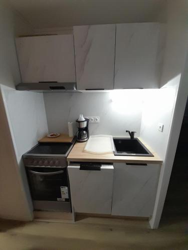 Il comprend une petite cuisine équipée d'une cuisinière et d'un évier. dans l'établissement Studio Sunshine 4 personnes Face Mer, à Le Touquet-Paris-Plage