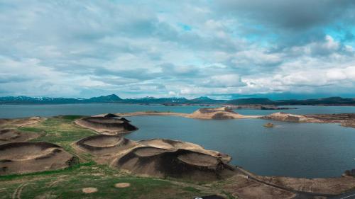 an aerial view of a large body of water at Sel - Hótel Mývatn in Myvatn