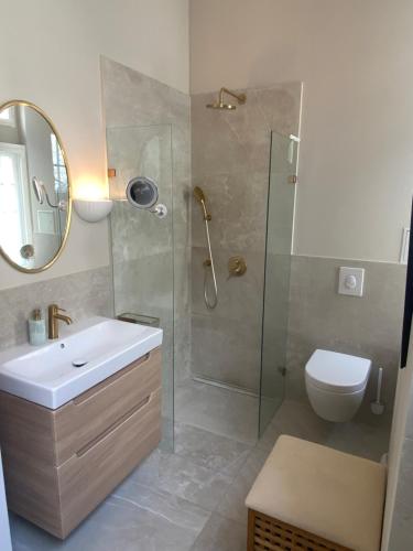 uma casa de banho com um chuveiro, um lavatório e um WC. em Luxus Apartment, UEFA Olympiastadion, Messe ICC em Berlim