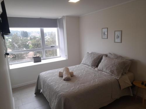 a bedroom with a bed with a stuffed animal on it at DEPARTAMENTO ALGARROBO NORTE in Algarrobo