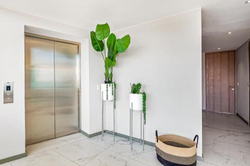 a lobby with white walls and a plant on the wall at Ocean Vista Oasis at Maritima Playa in Bucerías