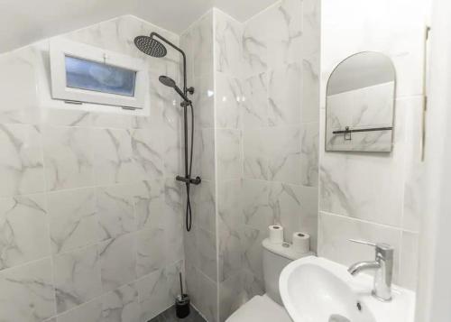 ein Bad mit einer Dusche, einem WC und einem Waschbecken in der Unterkunft Cosy studio à Asnières in Asnières-sur-Seine