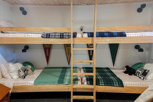 a room with four bunk beds and a cat laying on the bottom bunk at Heart Of The Mountains in Thornton