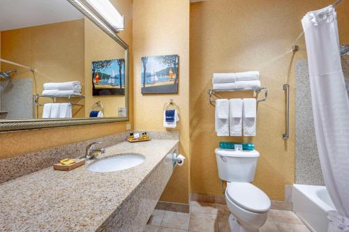 La salle de bains est pourvue de toilettes, d'un lavabo et d'un miroir. dans l'établissement Best Western Plus Ponderay Mountain Lodge Sandpoint, à Ponderay