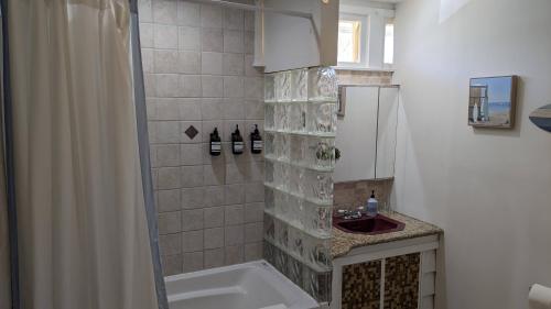 un baño con ducha y lavabo en Cozy B- condo in charming Corpus Christi with WiFi, AC near Laguna Madre, en Corpus Christi