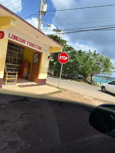una señal de stop frente a una biblioteca en una calle en Becaville en Port Antonio