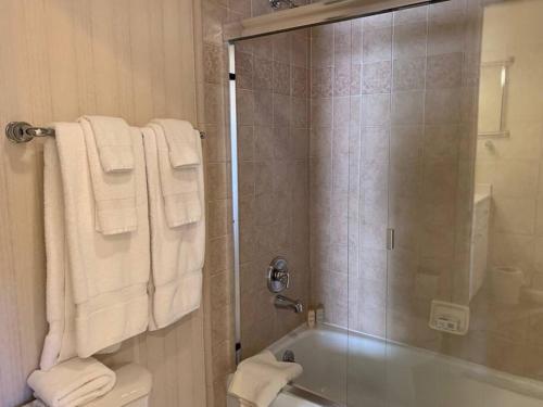 a bathroom with a shower with towels and a tub at Couple's Retreat in Napa Valley Near Wineries in Napa