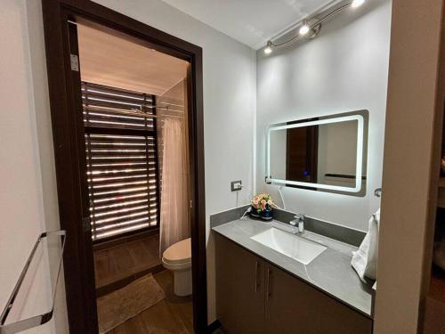 W łazience znajduje się umywalka, toaleta i lustro. w obiekcie Minimalist 3 Bedroom Apartment w mieście Gwatemala