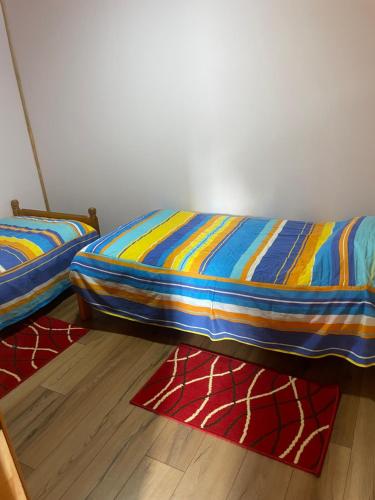 twee bedden in een kamer met tapijten op de vloer bij Cabaña 300 mts. del centro in Licán Ray