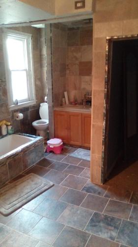 a bathroom with a bath tub and a toilet at Peaceful Mountain Home in West Homestead