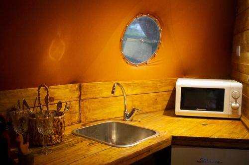 a kitchen counter with a sink and a microwave at Willkay Glamping Raco Tucumán in Tafí Viejo