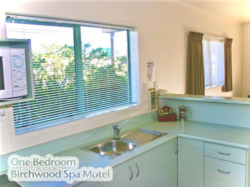 a kitchen with a sink and a window at Birchwood Spa Motel in Rotorua