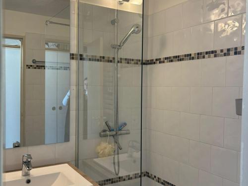 une salle de bain avec douche et lavabo dans l'établissement 2 pièces pour 4 avec piscine, parking et climatisation - FR-1-504-682, à Saint-Raphaël