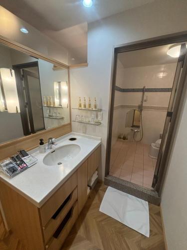 a bathroom with a sink and a shower at Hotel Torni ホテル トルニ in Toyama