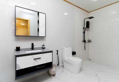 Tropico villa في أوكولهاس: حمام مع مرحاض ومغسلة ومرآة